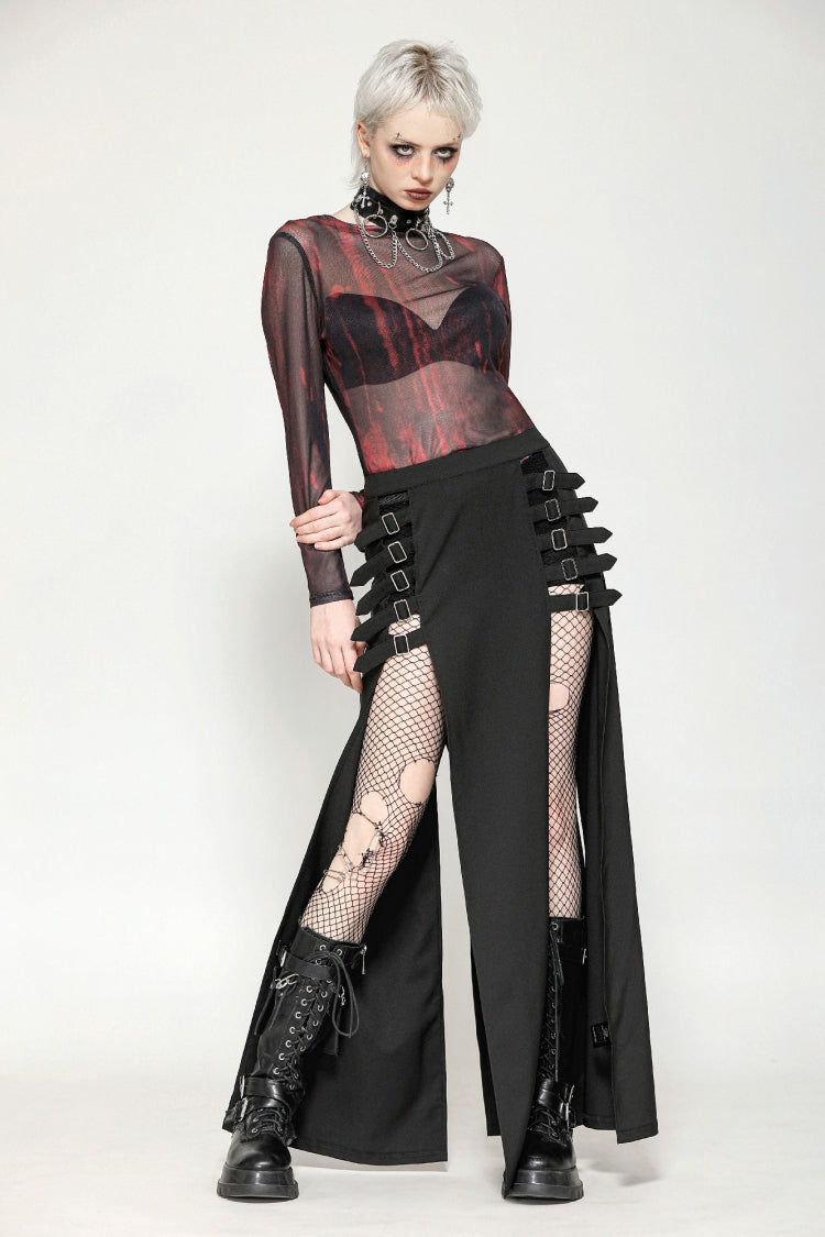 Black/Red Round Collar Long Sleeves Sheer Mesh Tie-dyed Women's Gothic Versatile Basic Top - Product - 2