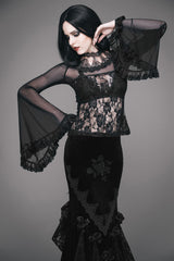 Black Lace Collar Big Flare Sleeve Rose Lace Mesh Women's Gothic T-Shirt - Product - 2