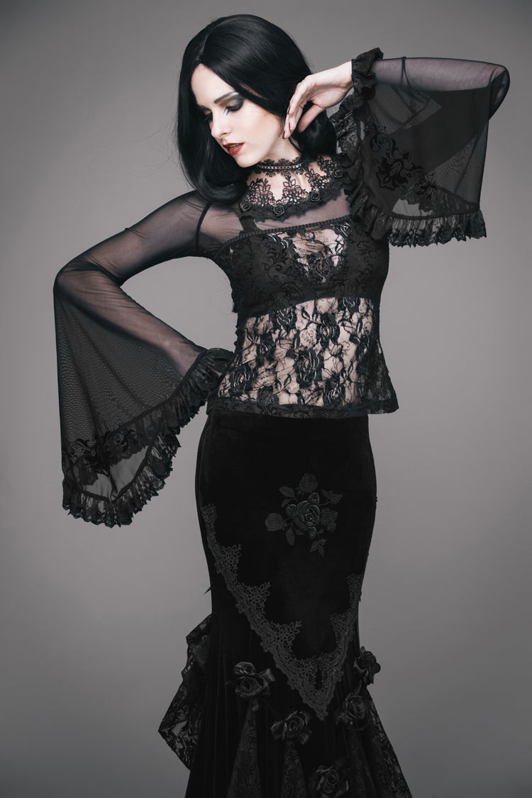 Black Lace Collar Big Flare Sleeve Rose Lace Mesh Women's Gothic T-Shirt - Product - 2