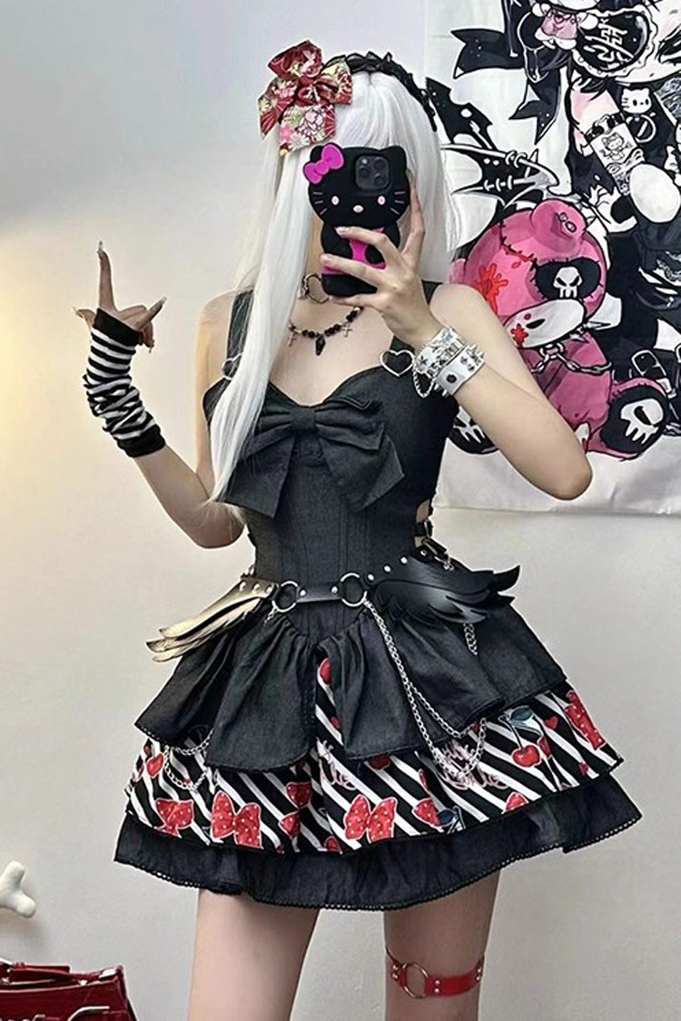 Black Cherry Sleeveless Triple-Layered Print Ruffle Bowknot Denim Sweet Japanese Vintage (Dress Only) detail view 7