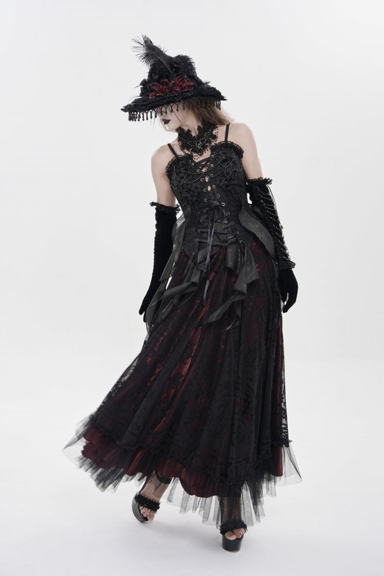 Black Ruffled Lace Lace-Up Slim Women's Gothic Overbust Corset - Product - 4