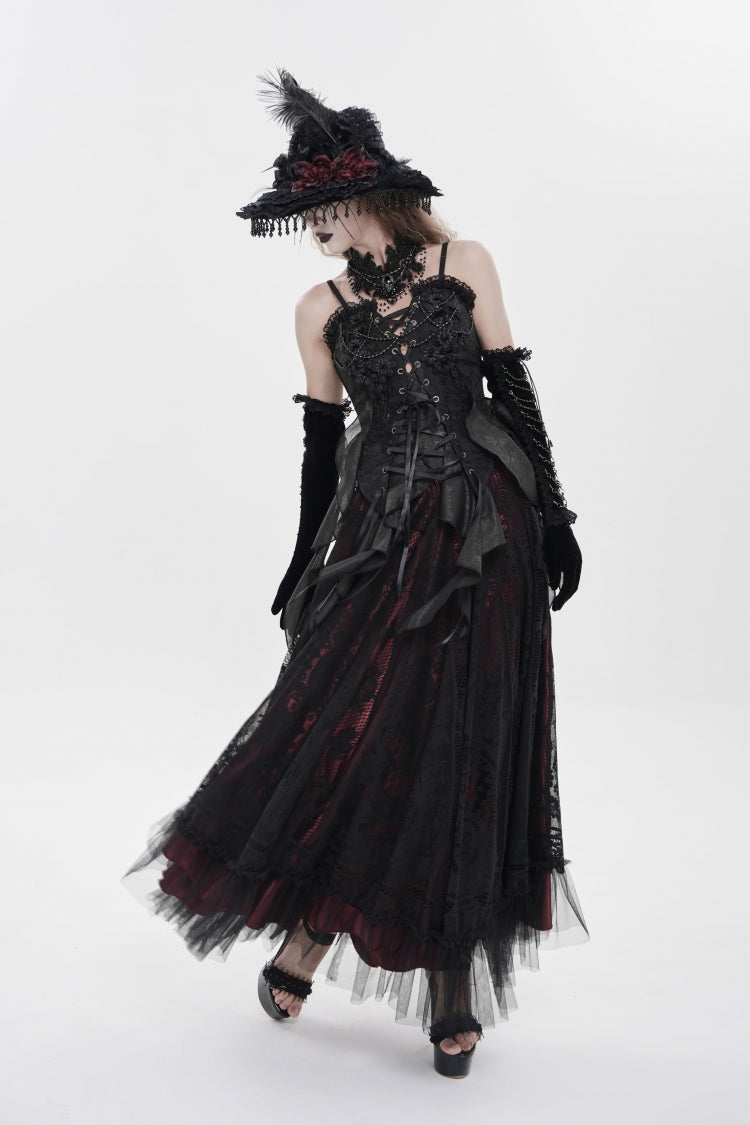 Black Ruffled Lace Lace-Up Slim Women's Gothic Overbust Corset - Product - 4