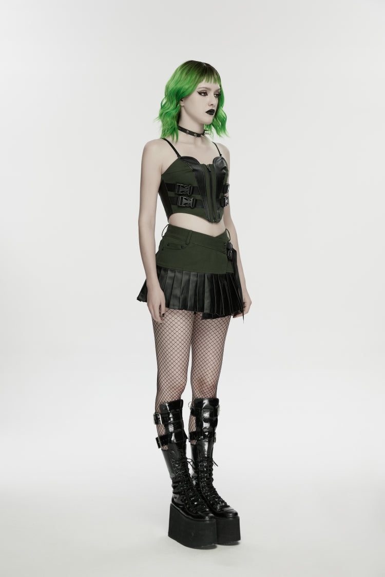 Black/Green Spliced Lace Lace-Up Slim Color-Blocked Zippered Women's Punk Cool Corset - Product - 3