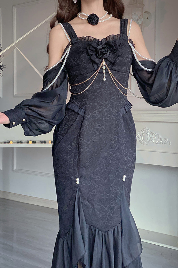 Black [Camellia 1.0] Sleeveless Jacquard Ruffle Lace Gothic Chinese Style Lolita Jsk Fishtail Dress - Product - 19