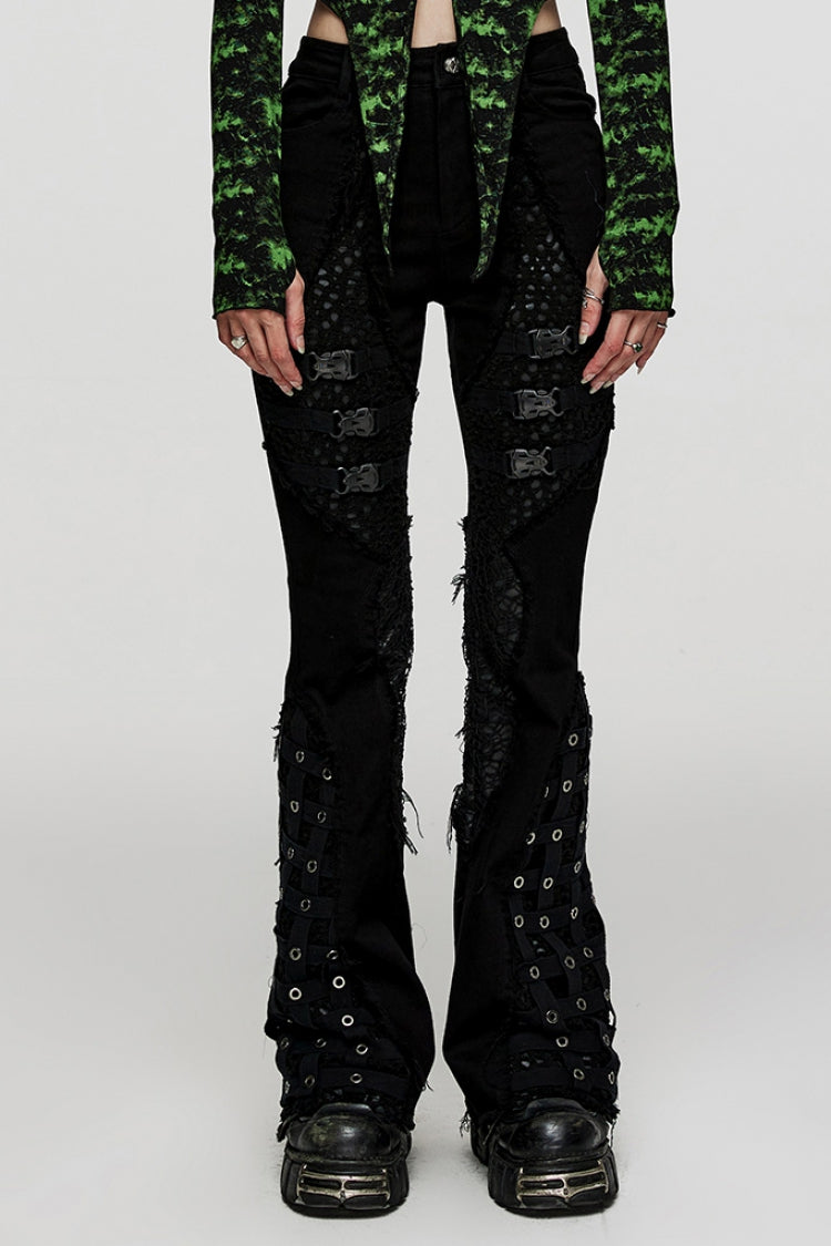 Black Hole Eyes Buckle Unedged Flared Women's Punk Pants - Black - 1