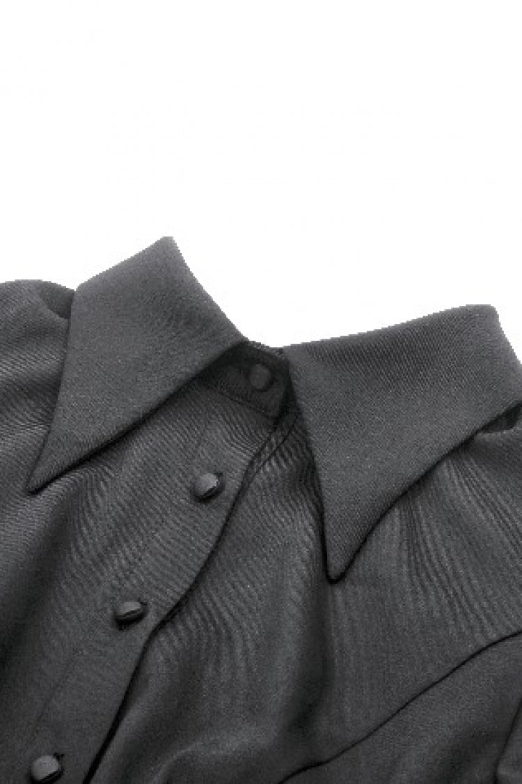 Black Point Lapel Collar Short Puff Sleeves Women's Gothic Blouse with Removable Rosette Cravat - Product - 15