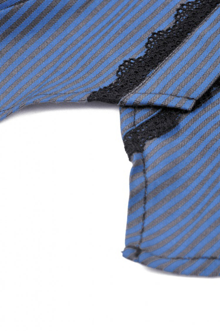 Blue/Black Striped Bow Ruffled Stand Collar Lace Jabot Short Puff Sleeves Front Button‑Up Women's Gothic Blouse - Product - 16