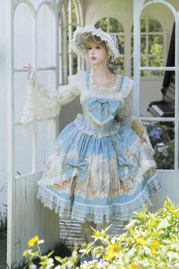 Blue [Unicorn] Print Sleeveless Multi-Layered Embroidery Bowknot Lace Sweet Lolita Jsk Dress - Product - 6