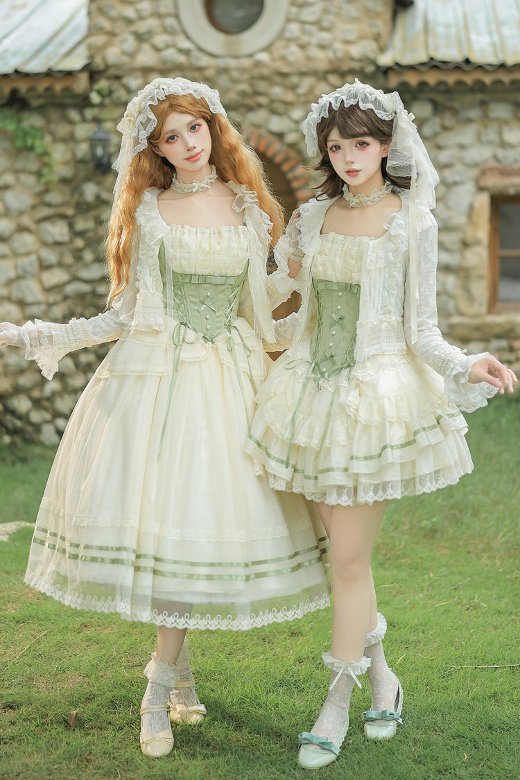 Green Square Collar Sleeveless Multi-Layered Ruffled Bow Lace Fishbone Sweet Lolita Jsk Dress 2 Versions - Product - 11