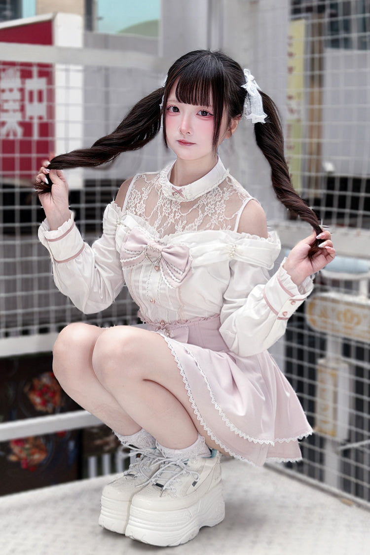 [Frosted Pearl Princess] Round Collar Off Shoulder Long Sleeves Bow Lace Sweet Jirai Kei Japanese Skirt Set 2 Colors - Product - 12