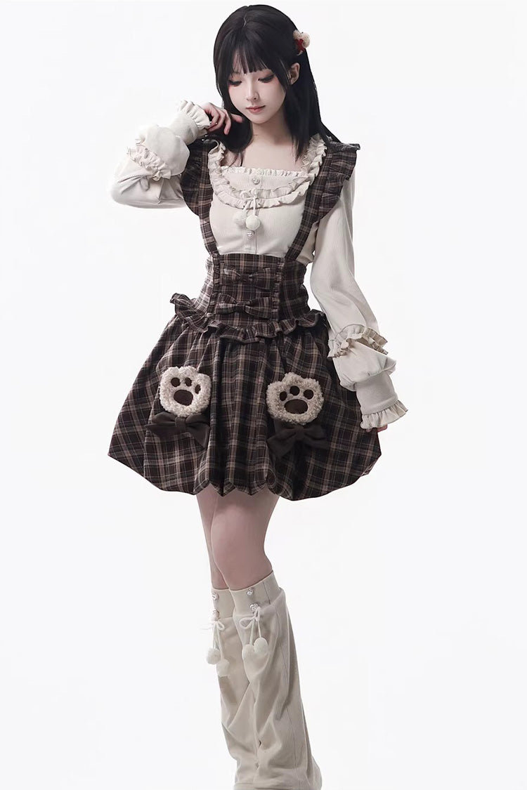 Brown [Fluffy Little Bear] Plaid Printed Ruffled Bow Sweet Lolita Strap Dress - Product - 4