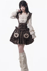 Brown [Fluffy Little Bear] Plaid Printed Ruffled Bow Sweet Lolita Strap Dress - Product - 4