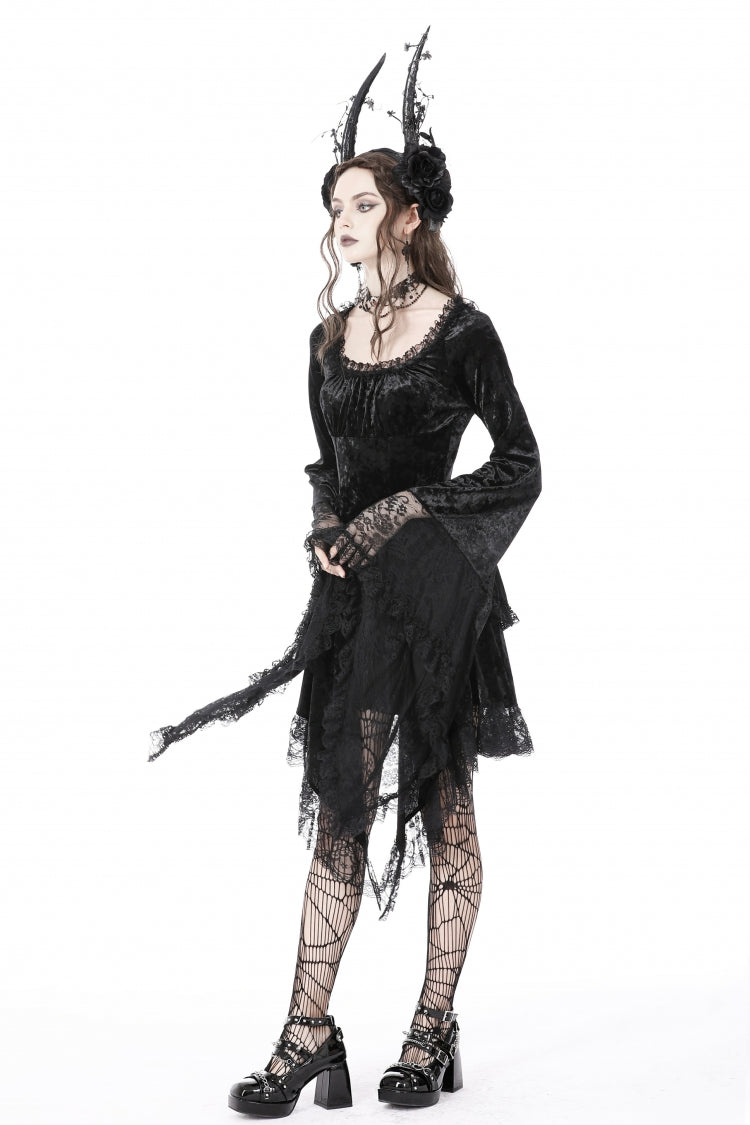 Black Irregular Long Trumpet Sleeves Lace Spliced Women's Gothic Velvet Graduation Dress - Product - 10