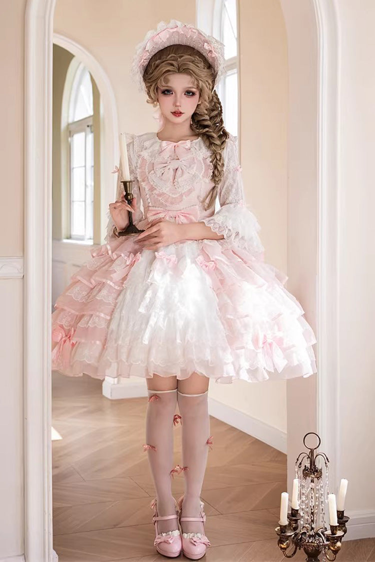 Pink [Cherry Blossom Letter] Sleeveless Multi-Layered Ruffled Embroidered Open-Front Bow Gorgeous Sweet Lolita Jsk Dress - Pink - 1