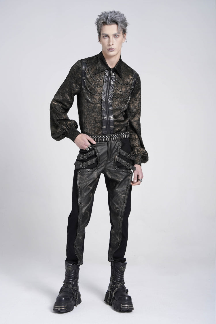 Black/Grey Faux Leather Stitching Buckle Men's Punk Pants - Product - 9