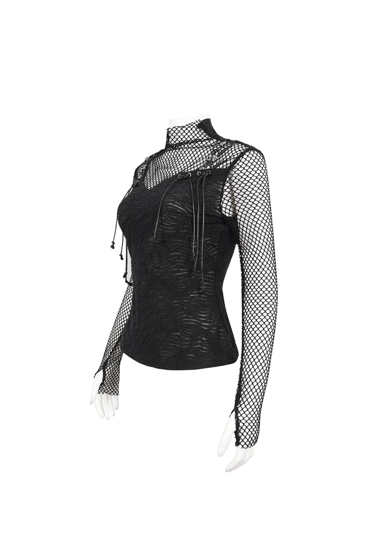 Black Turtleneck Adjustable Faux Suspenders Textured Knit Mesh Women's Punk T-Shirt - Product - 7