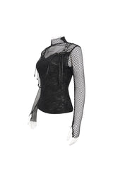 Black Turtleneck Adjustable Faux Suspenders Textured Knit Mesh Women's Punk T-Shirt - Product - 7
