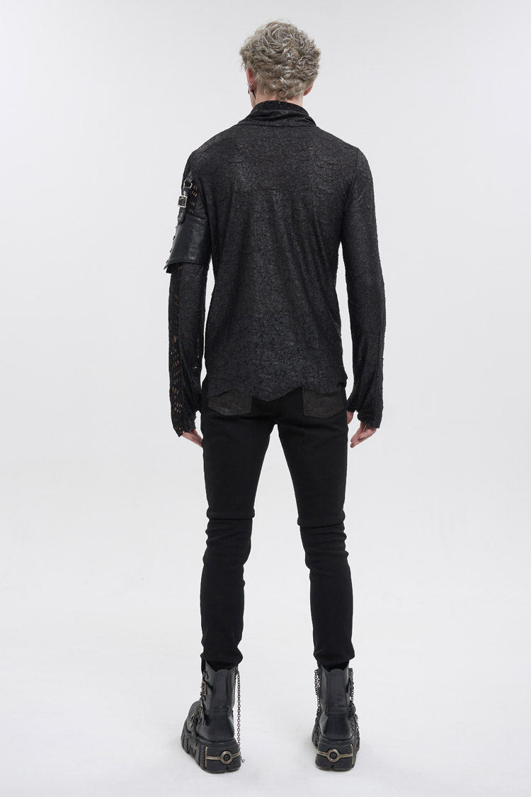 Black Fashion Printed Fabric Stitching Ripped Mesh Detachable Long Sleeve Men's Punk T-Shirt - Product - 6