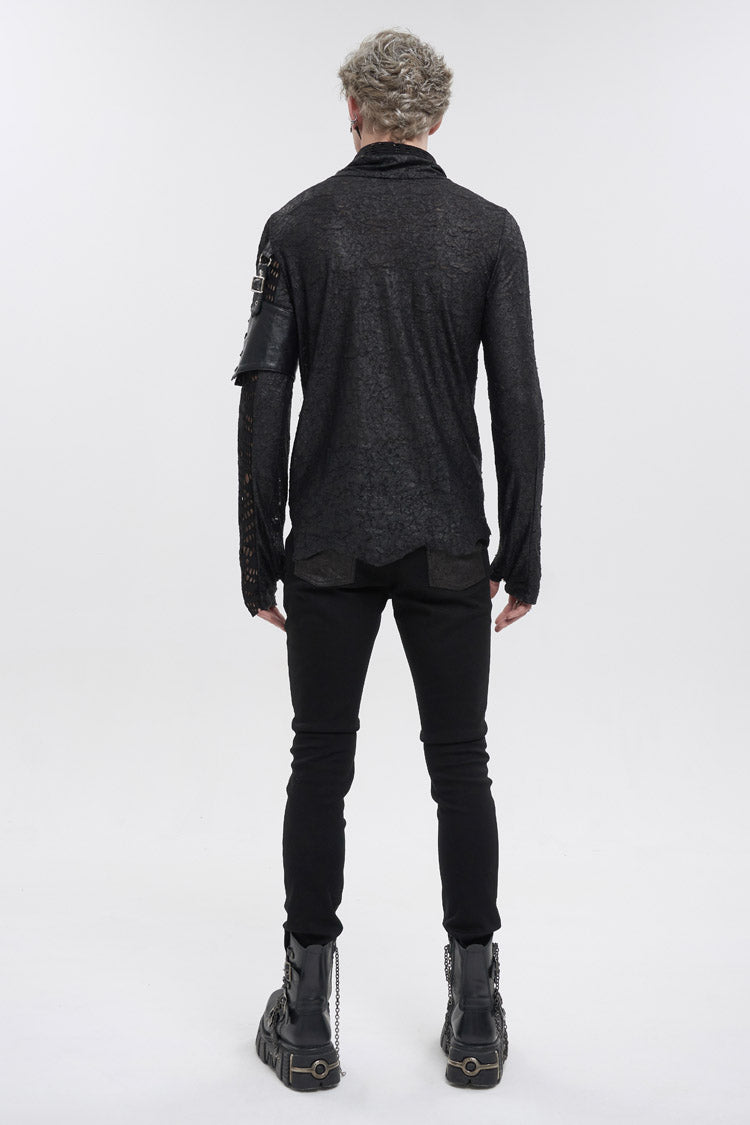 Black Fashion Printed Fabric Stitching Ripped Mesh Detachable Long Sleeve Men's Punk T-Shirt - Product - 6