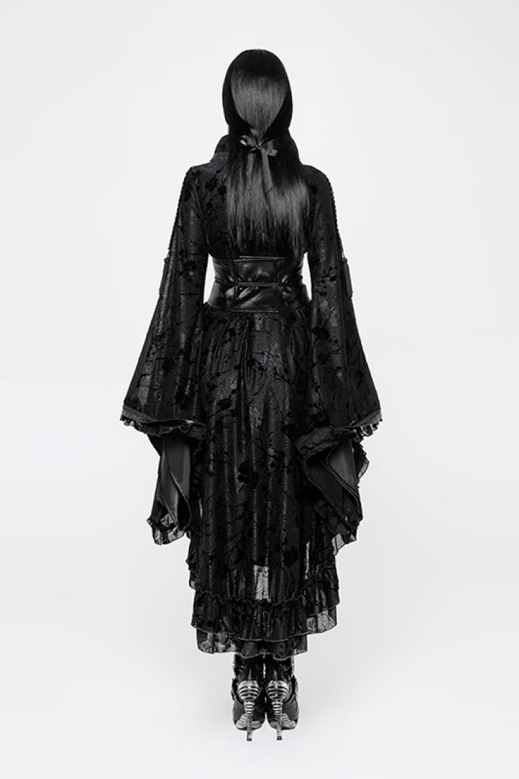Black Long Sleeves Print Ruffle Women's Gothic Kimono Dress - Product - 3