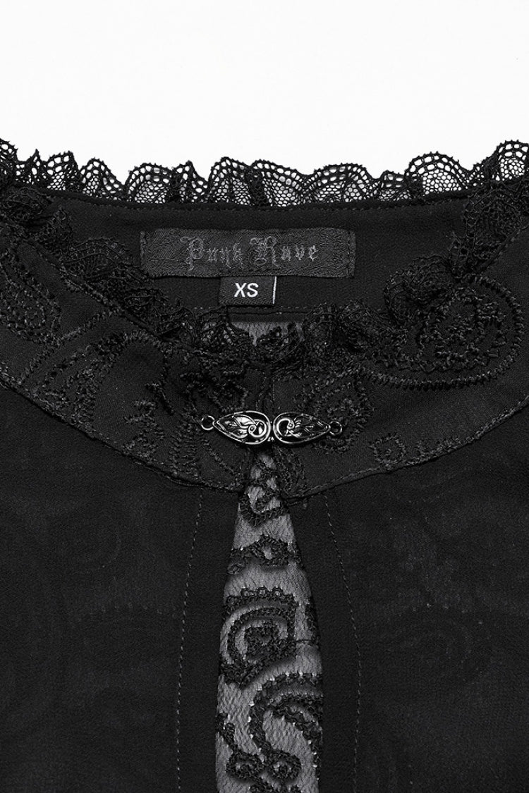 Black Stand Collar Long Puff Sleeves Jacquard Lace Women's Gothic Blouse - Product - 5