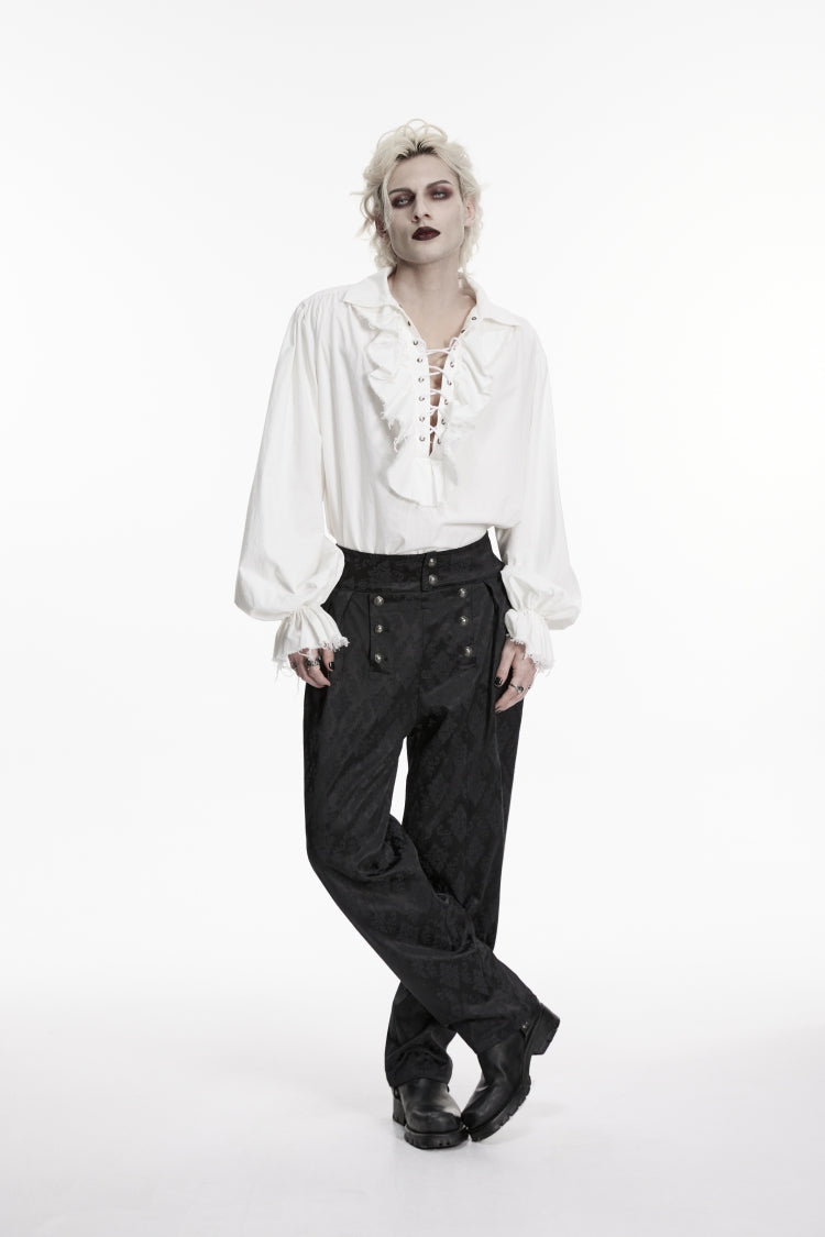 White Lapel Collar Long Lantern Sleeves Ruffled Lace-Up Women's Men's Gothic Luxurious Balletcore Shirt - White - 1