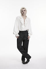 White Lapel Collar Long Lantern Sleeves Ruffled Lace-Up Women's Men's Gothic Luxurious Balletcore Shirt - White - 1