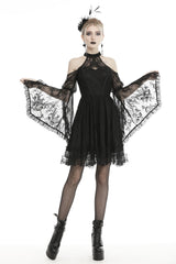 Black Off Shoulder Halterneck Long Sleeves Lace Women's Gothic Dress - Black - 1