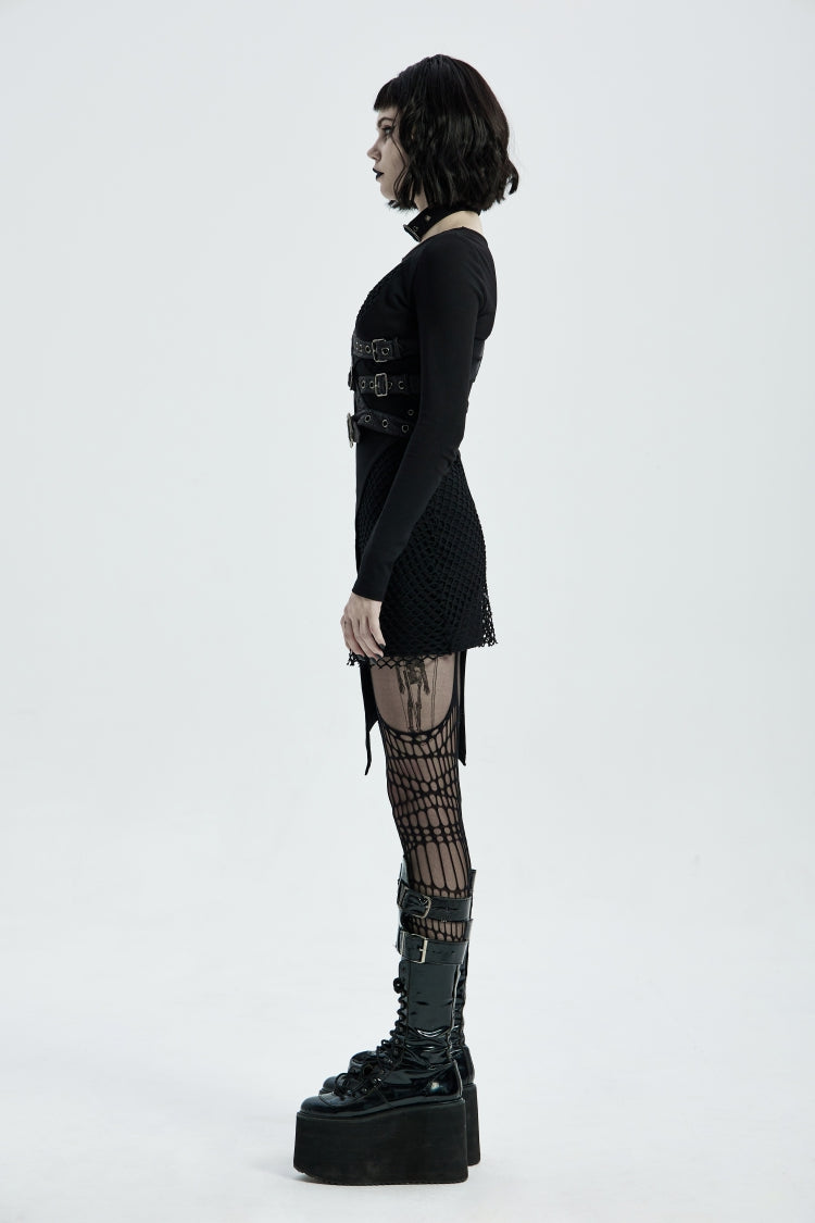 Black Cut-Out Asymmetric Buckled Eyelet Women's Punk Accessory with Pocket - Product - 3