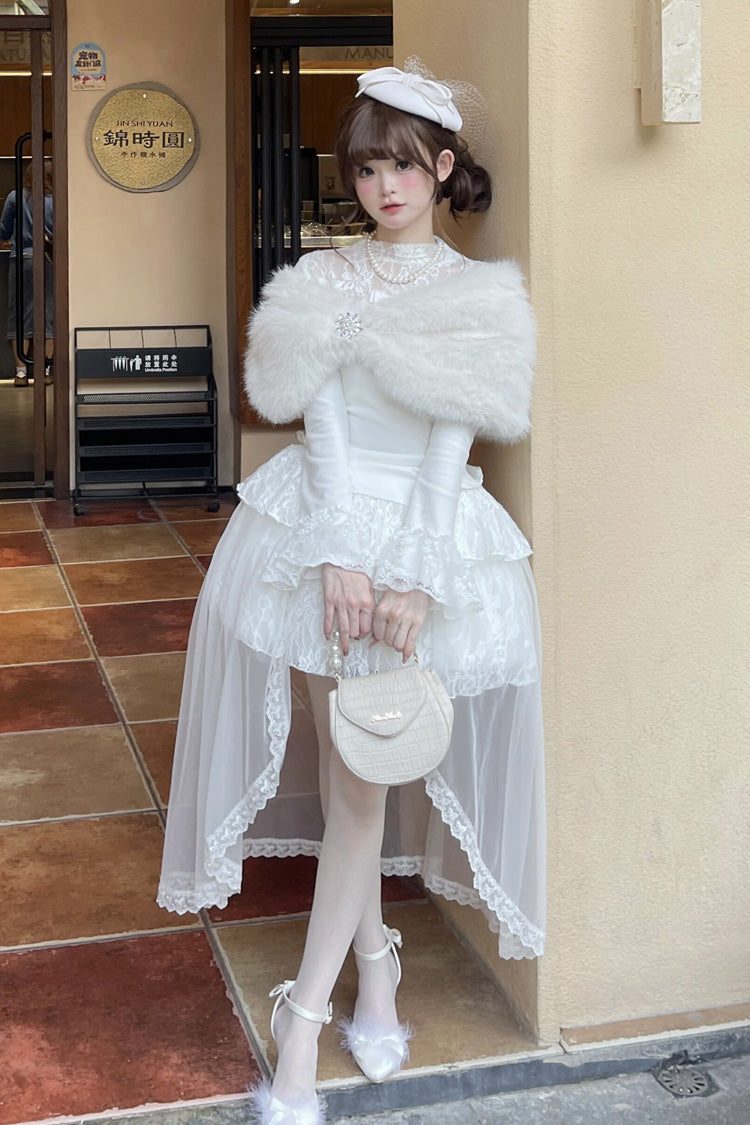 White [First Snow] Long Sleeves Lace Irregular Sweet Lolita Skirt Three-piece Set - Product - 2