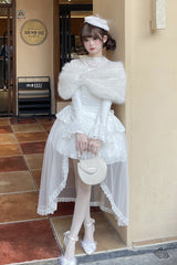 White [First Snow] Long Sleeves Lace Irregular Sweet Lolita Skirt Three-piece Set - Product - 2