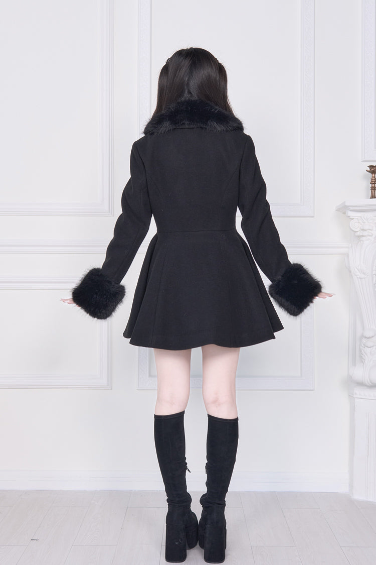Black Plush Collar Long Sleeves Bowknot Japanese Sweet Lolita Coat - Product - 6