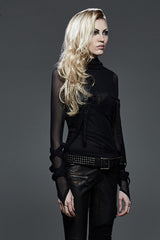 Black Long Sleeves Hooded Sheer Mesh Straps Women's Punk Coat - Product - 2