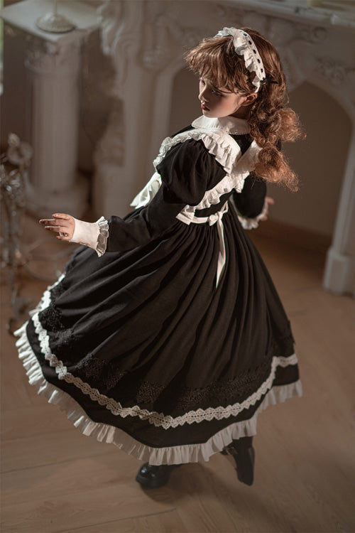 Black Lapel Collar Bowknot Long Sleeves Ruffled Sweet Lolita Maid OP Dress (Apron is included) - Product - 7