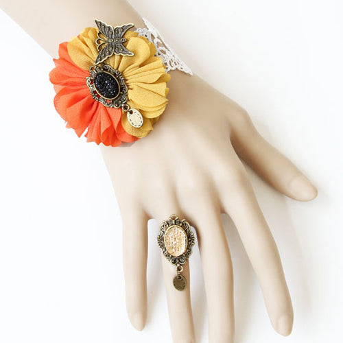Retro Fashion Personality Butterfly White Lace Orange Yellow Flower Female Lolita Ring Bracelet - Orange/Yellow - 1