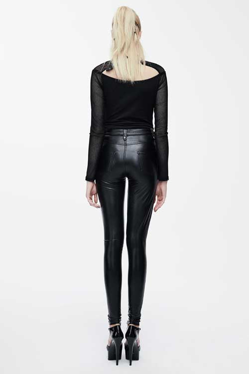 Black Hollow Out Cross Shaped Elastic Sexy Punk Tight Leather Womens Pants - Product - 9