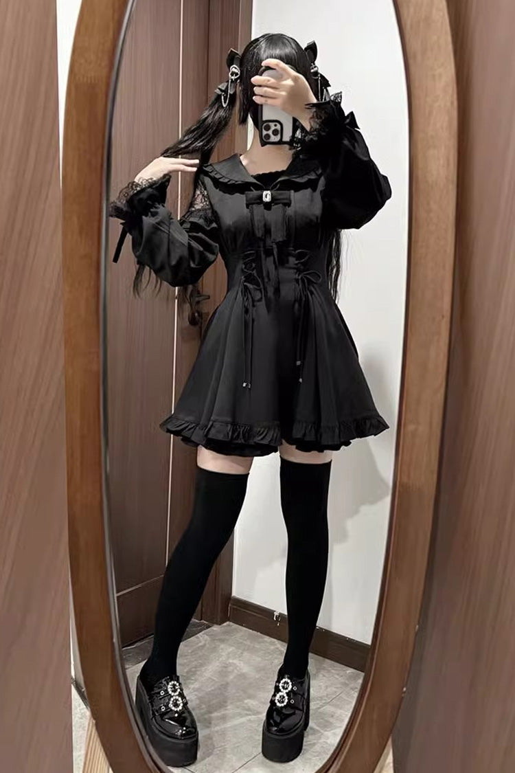 Black [Truffle Forest] Long Sleeves Ruffle Stitching Lace-Up Jirai Kei Japanese Dress Shorts Set - Product - 7