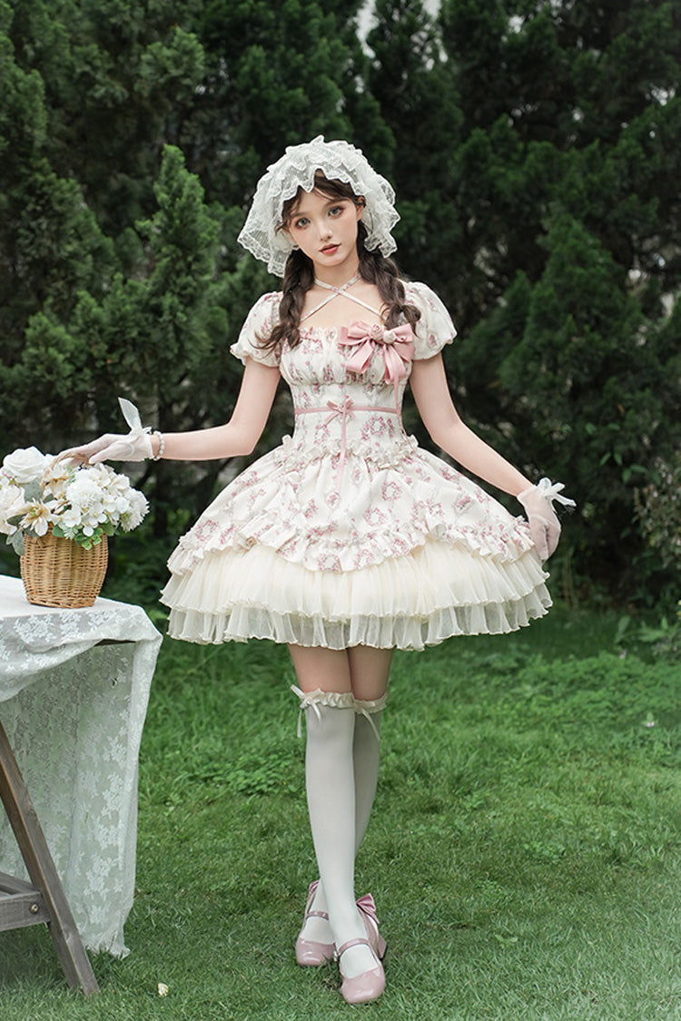 Ivory [Rose After The Rain] Short Sleeves Triple-Layered Print Ruffle Bowknot Lace-Up Sweet Lolita Short Dress - Product - 5