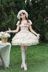 Ivory [Rose After The Rain] Short Sleeves Triple-Layered Print Ruffle Bowknot Lace-Up Sweet Lolita Short Dress - Product - 5