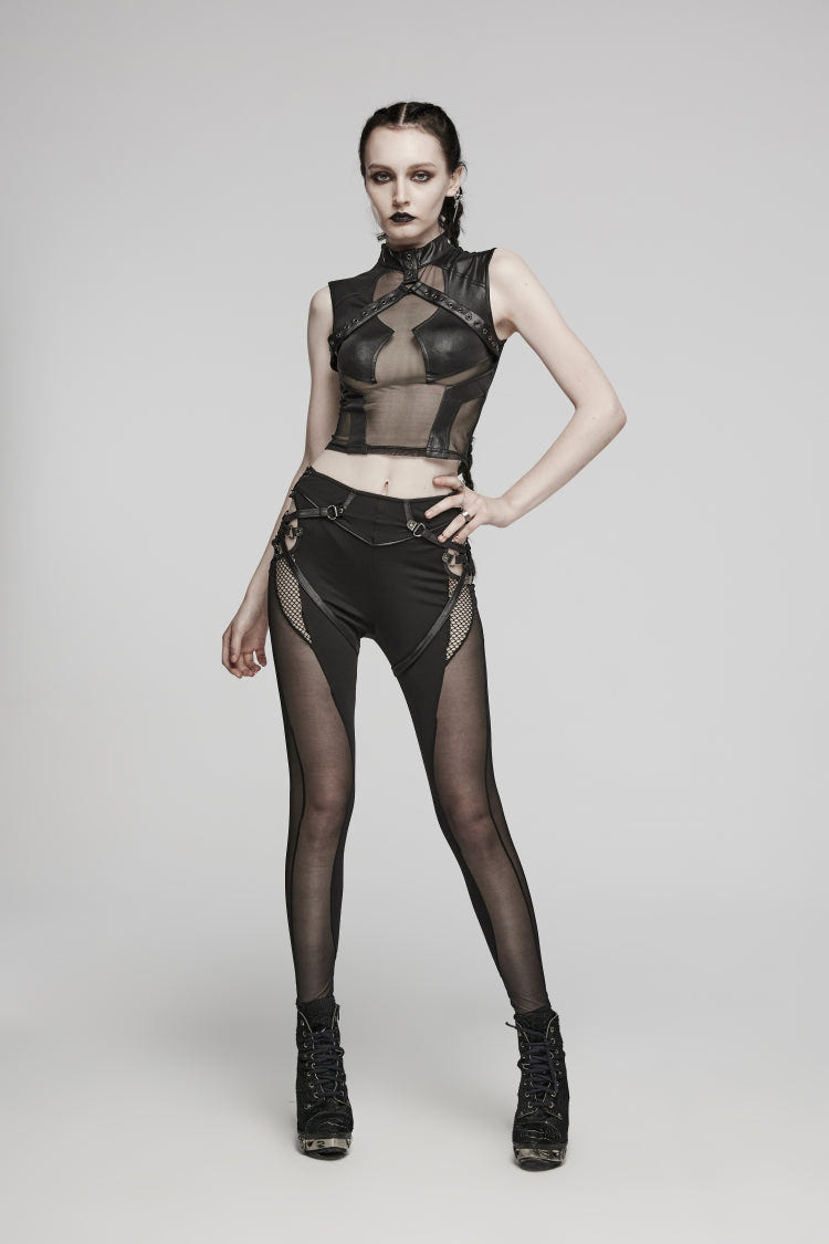 Black Cut-Out Spliced Lace-Up Slim Mesh Eyelet Women's Punk Leggings - Product - 5