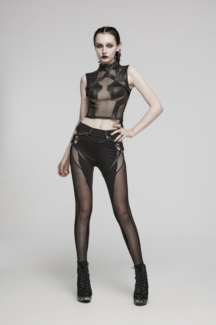 Black Cut-Out Spliced Lace-Up Slim Mesh Eyelet Women's Punk Leggings - Product - 5