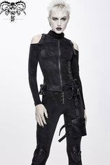 Black Hasp Knitted Collar Off-Shoulder Ribbon Irregular Floral Pattern Stretch Women's Punk Coat - Product - 3