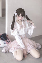 White/Pink [Dreamy Love Ballad] Lapel Collar Long Sleeves Double-Layered Ruffled Cut-Out Bow Gothic Japanese Jirai Kei Skirt Set - Product - 7