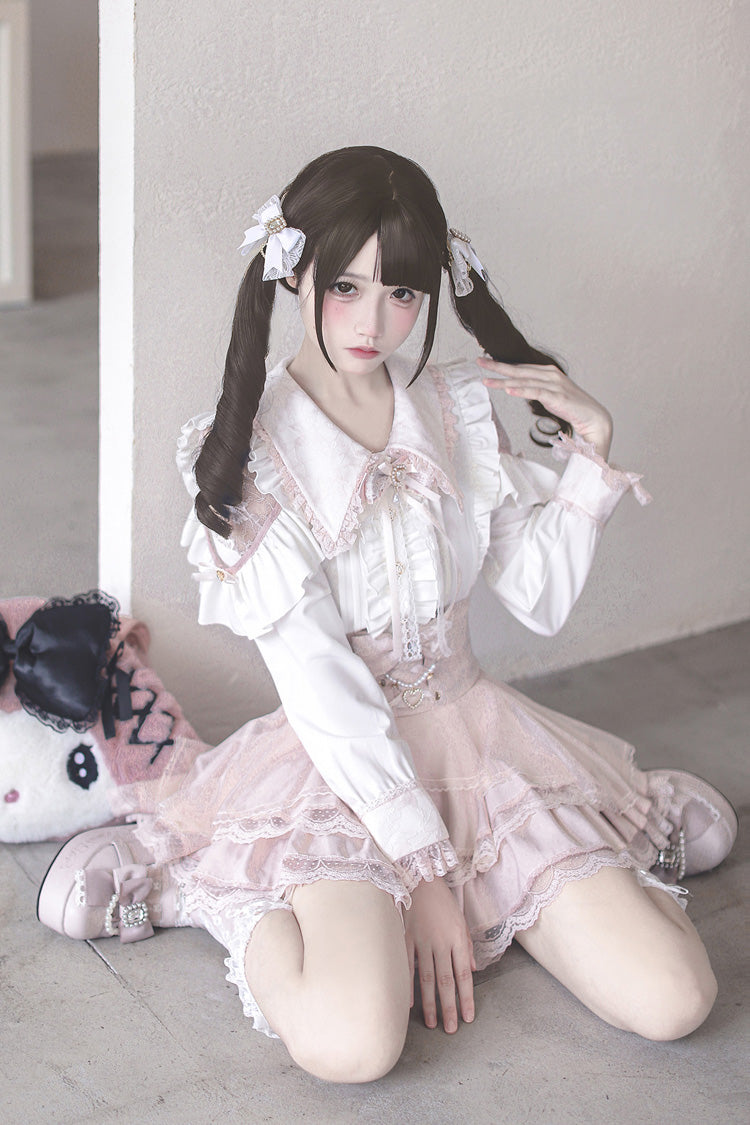 White/Pink [Dreamy Love Ballad] Lapel Collar Long Sleeves Double-Layered Ruffled Cut-Out Bow Gothic Japanese Jirai Kei Skirt Set - Product - 7