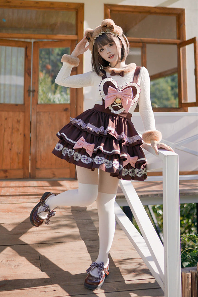 [Bunny Transformation] Detachable Bunny Cake Sleeveless Triple-Layered Ruffled Bow Sweet Strap Dress 2 Colors - Brown - 7