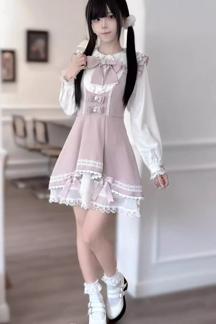 Rabbit Ears Sleeveless Ruffle Bowknot Lace Sweet Jirai Kei Strap Dress 3 Colors - Pink - 1