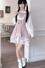 Rabbit Ears Sleeveless Ruffle Bowknot Lace Sweet Jirai Kei Strap Dress 3 Colors - Pink - 1