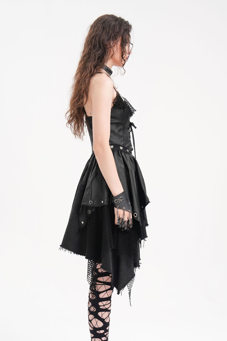 Black Sleeveless Lace Irregular Mesh Women's Gothic Slip Dress - Product - 5