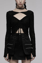 Black V Collar Long Sleeves Hollow Slim Women's Punk Blouse - Black - 1
