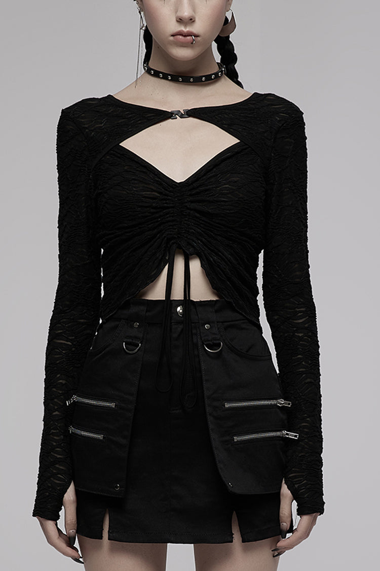 Black V Collar Long Sleeves Hollow Slim Women's Punk Blouse - Black - 1